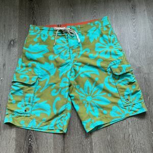 Boden Men's Lined Swim Trunk Board Short Green Blue Tropical Size 34